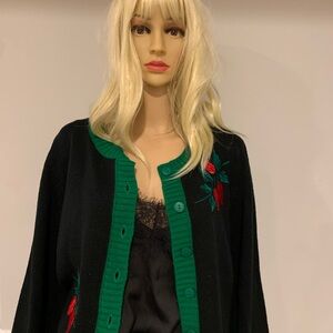 Unique Vintage black and green cardigan with strawberries